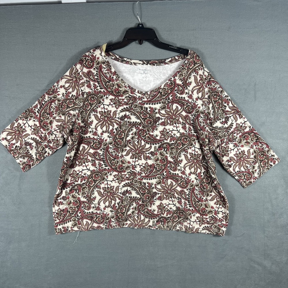 Studio Works Woman 3X Plus Size Paisley V-Neck 3/4 Sleeve Cotton Knit Top Blouse